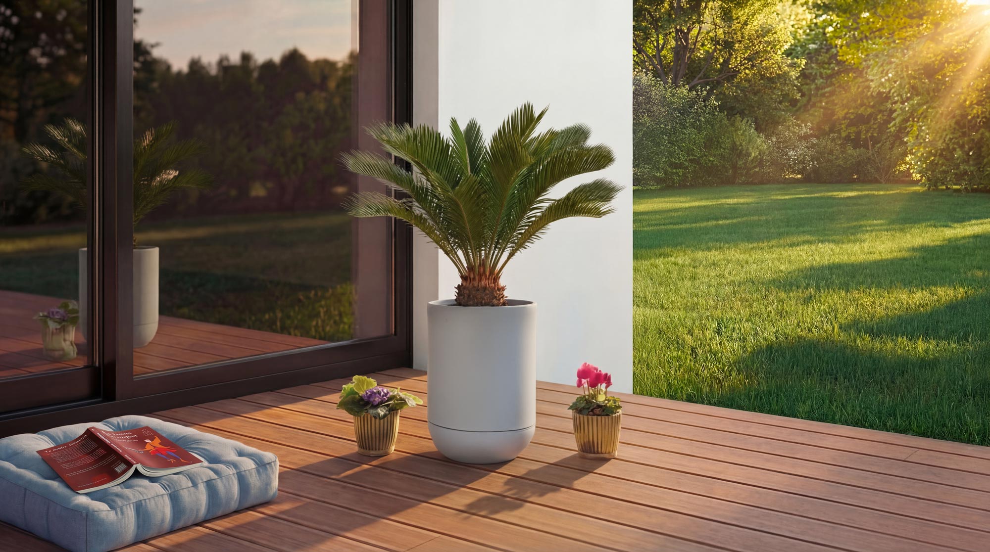 Visuel IA Carrefour montrant une plante en pot sur une terrasse lumineuse