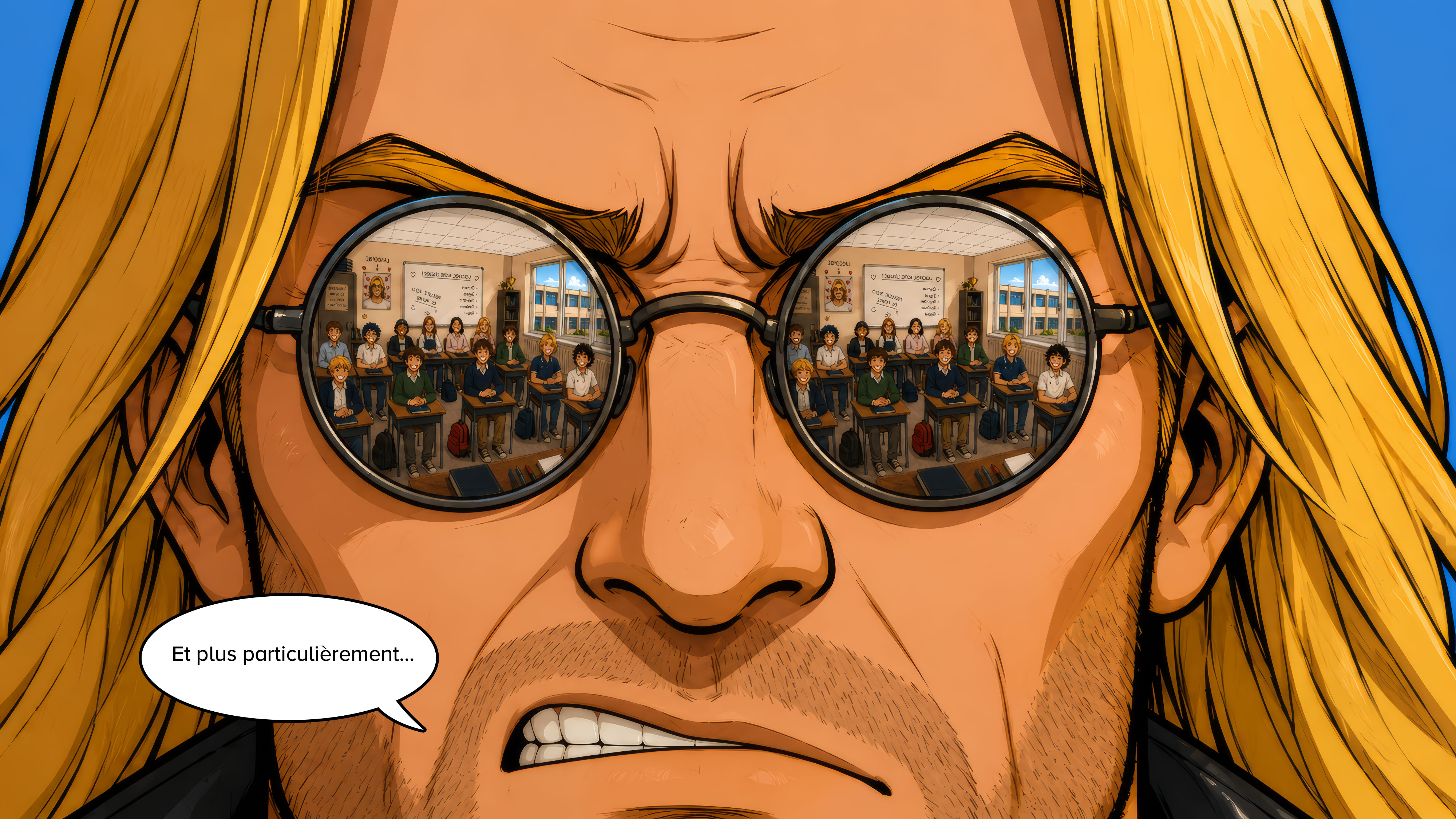 Gros plan sur Lascombe qui observe les eleves dans le reflet de ses lunettes
