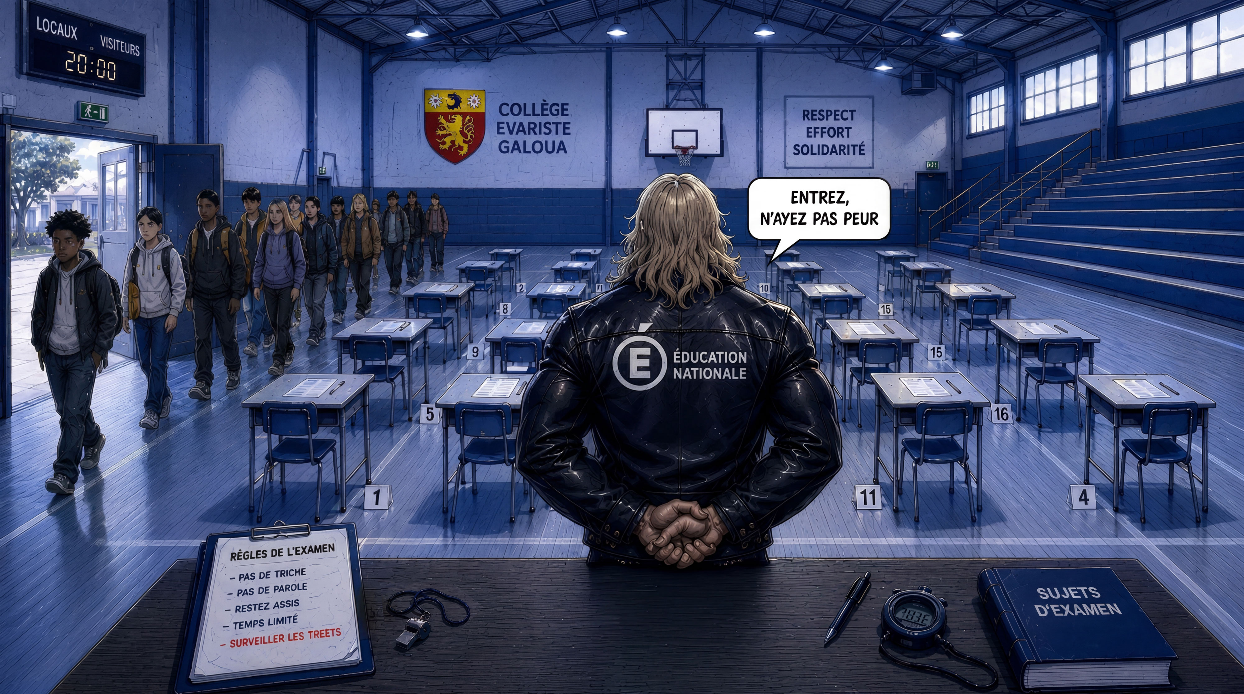 Lascombe accueille les eleves dans le gymnase prepare pour l'examen