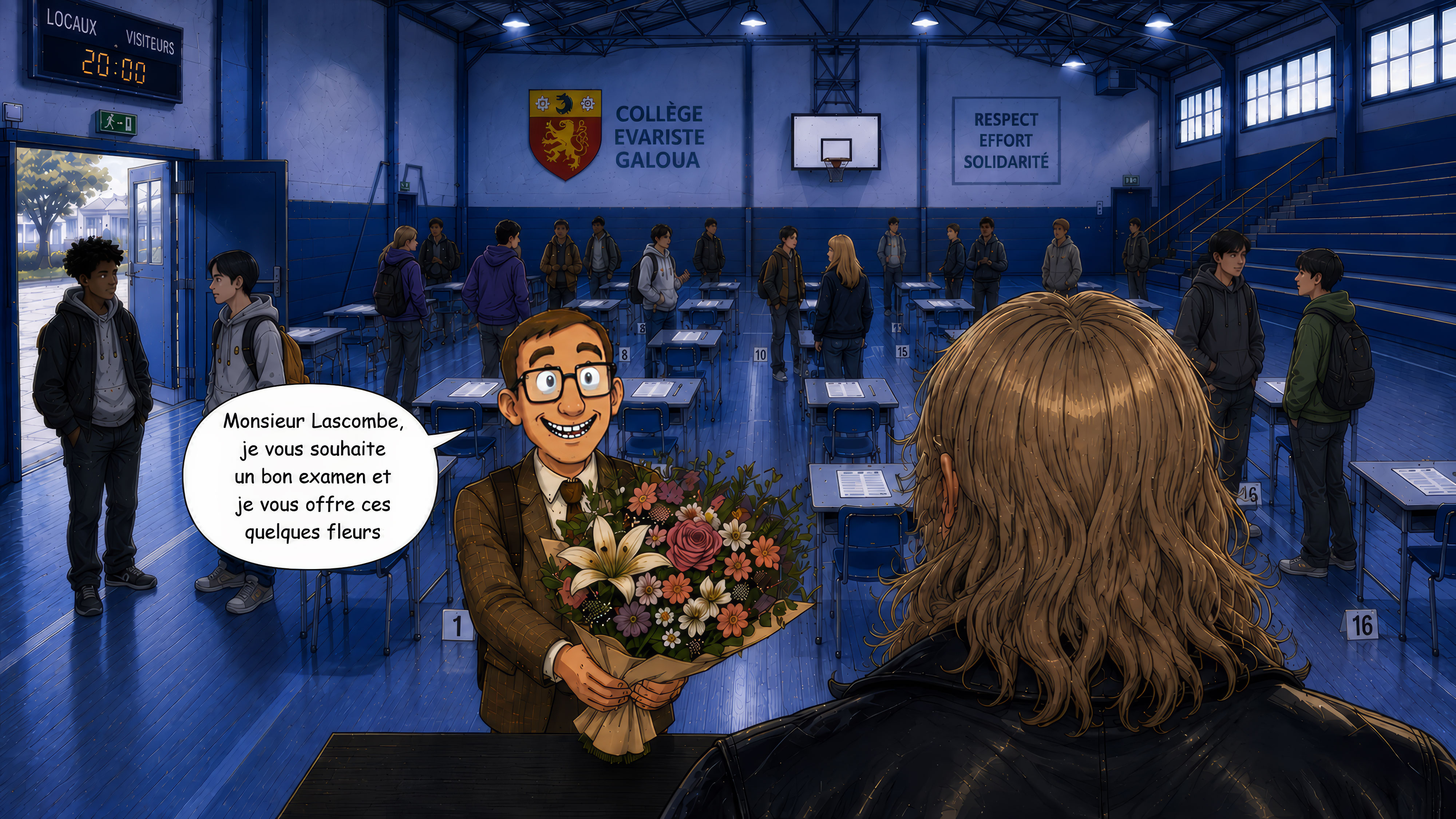 Edgar offre un bouquet a Monsieur Lascombe avant l'examen