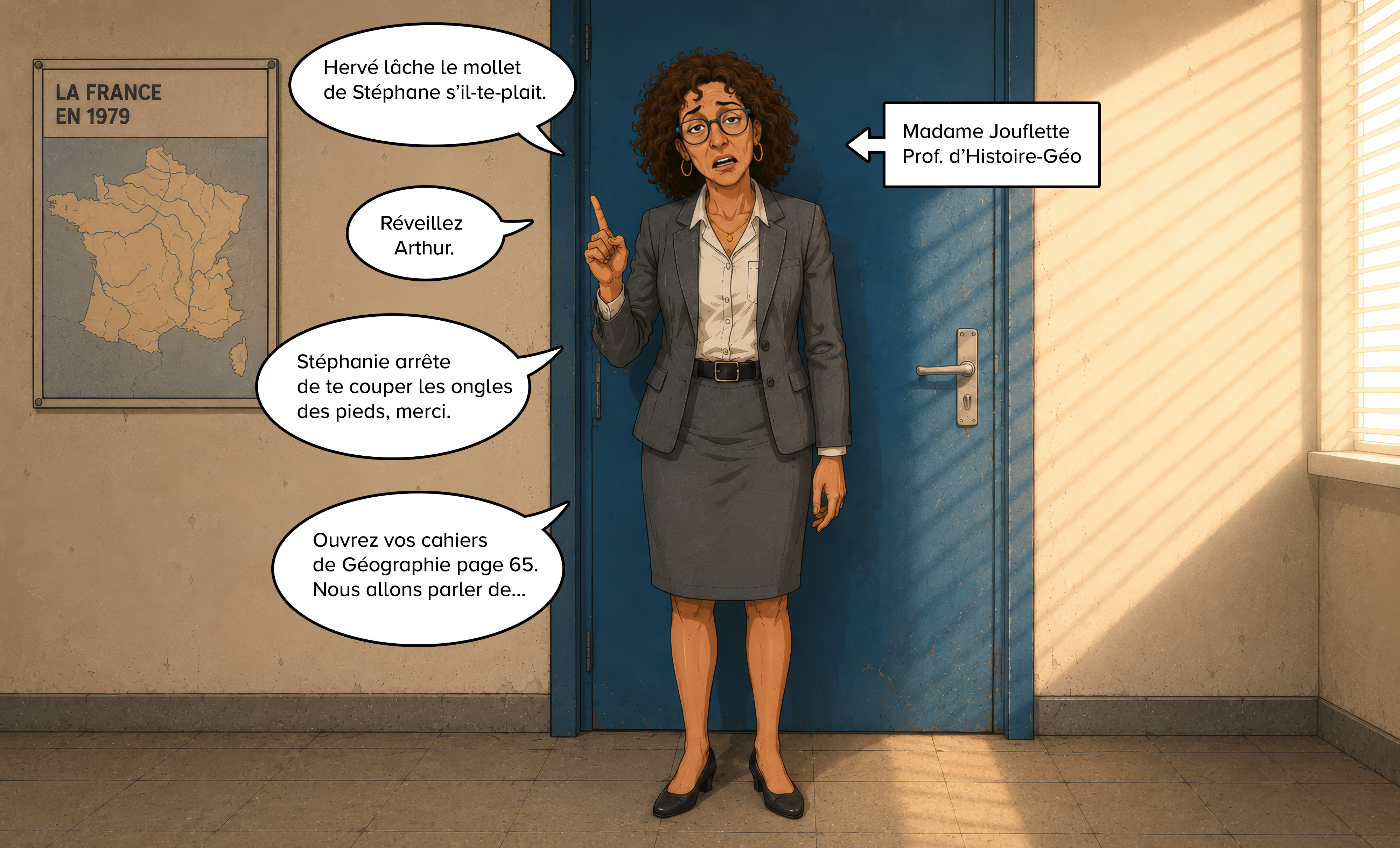 Madame Joufflet demande a la classe d ouvrir les cahiers de geographie