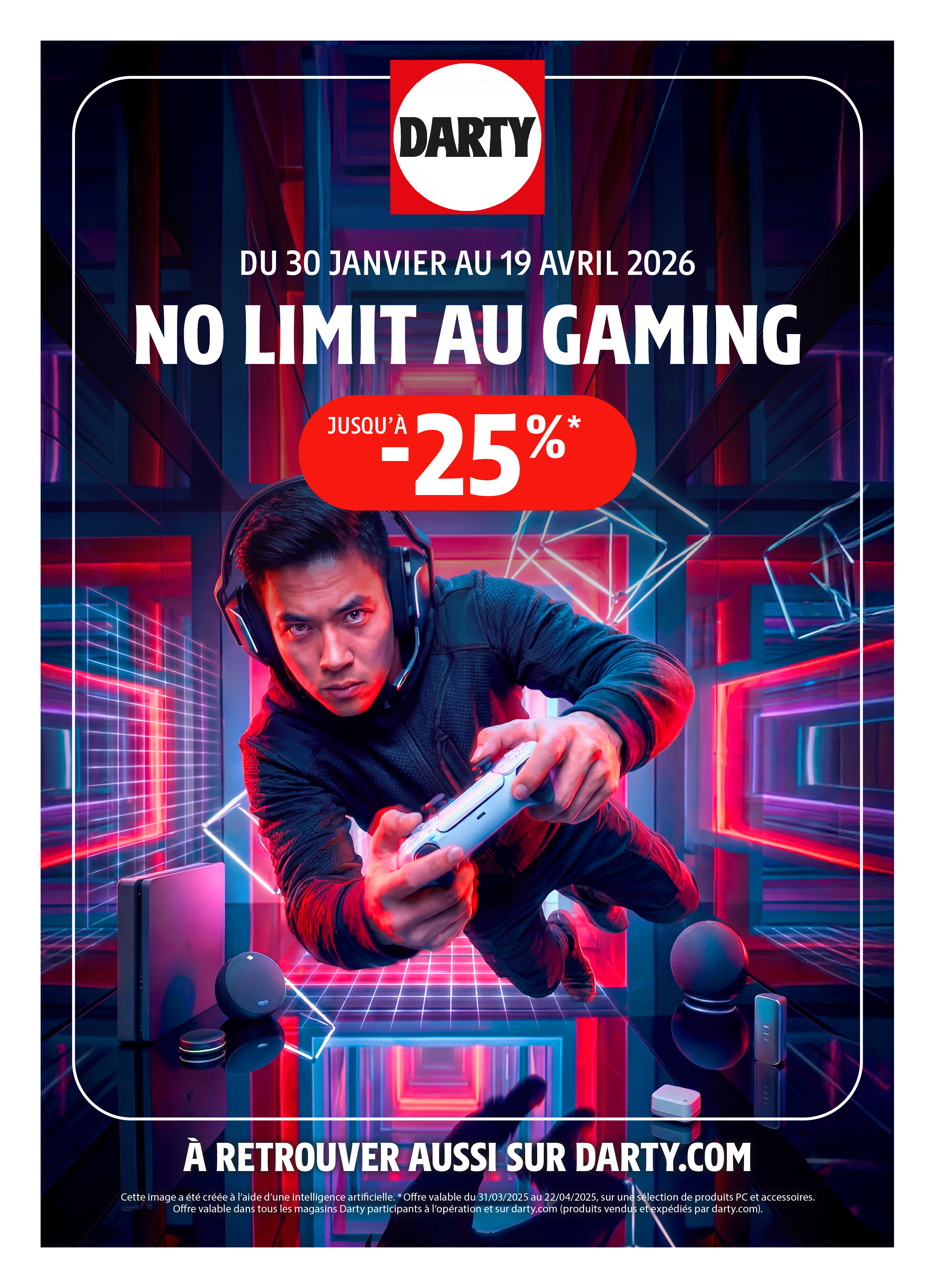 Visuel IA Darty gaming avec joueur et univers néon