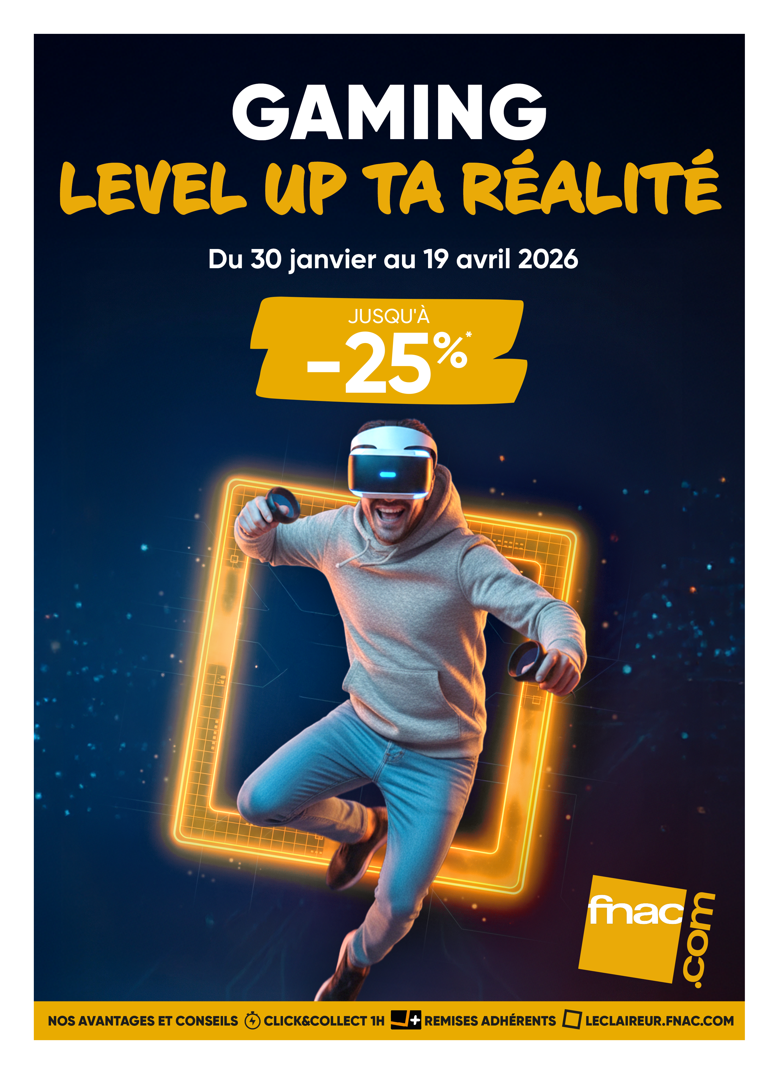 Visuel IA Fnac gaming avec joueur en réalité virtuelle